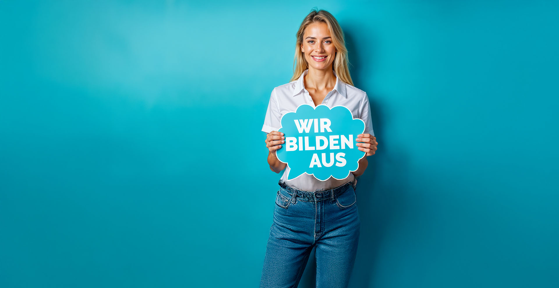 Junge lächelnde Frau mit blonden Haaren vor blauem Hintergrund, die ein Schild in Form einer Sprechblase mit der Aufschrift »Wir bilden aus« hält.