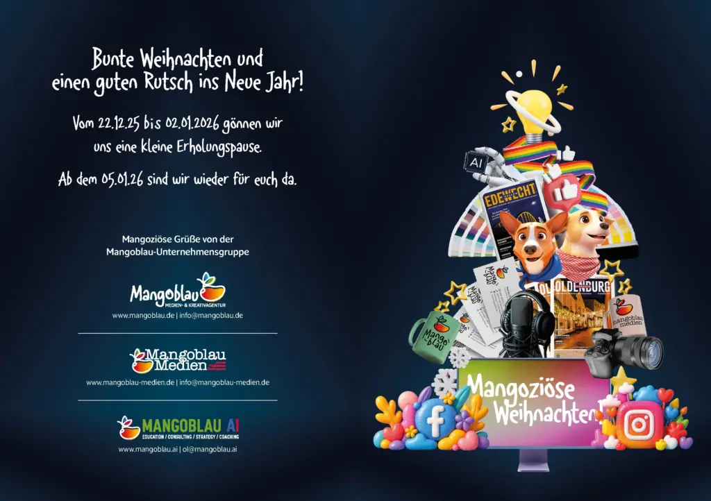 Weihnachtsgruß mit Wunsch für guten Rutsch, Infos zur Pause bis 02.01.2026 und bunte Mangoblau-Logos mit Symbolen und Figuren auf dunklem Hintergrund.