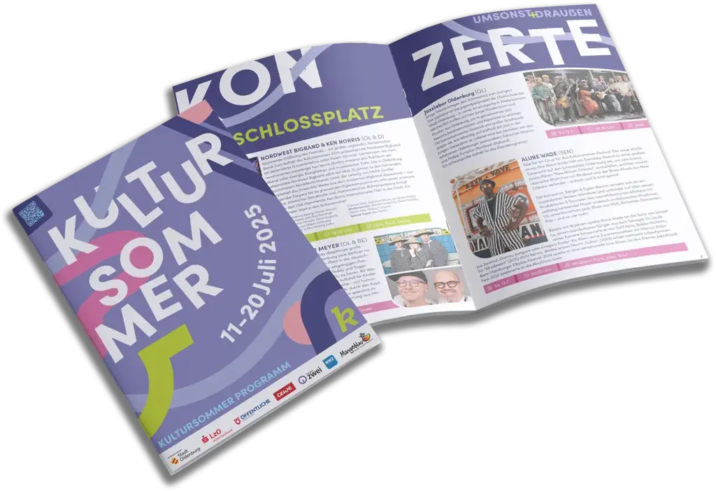 Programmheft für den Kultursommer Oldenburg 2025 vom 11. bis 20. Juli mit Veranstaltungsübersicht und Fotos von Künstlern.
