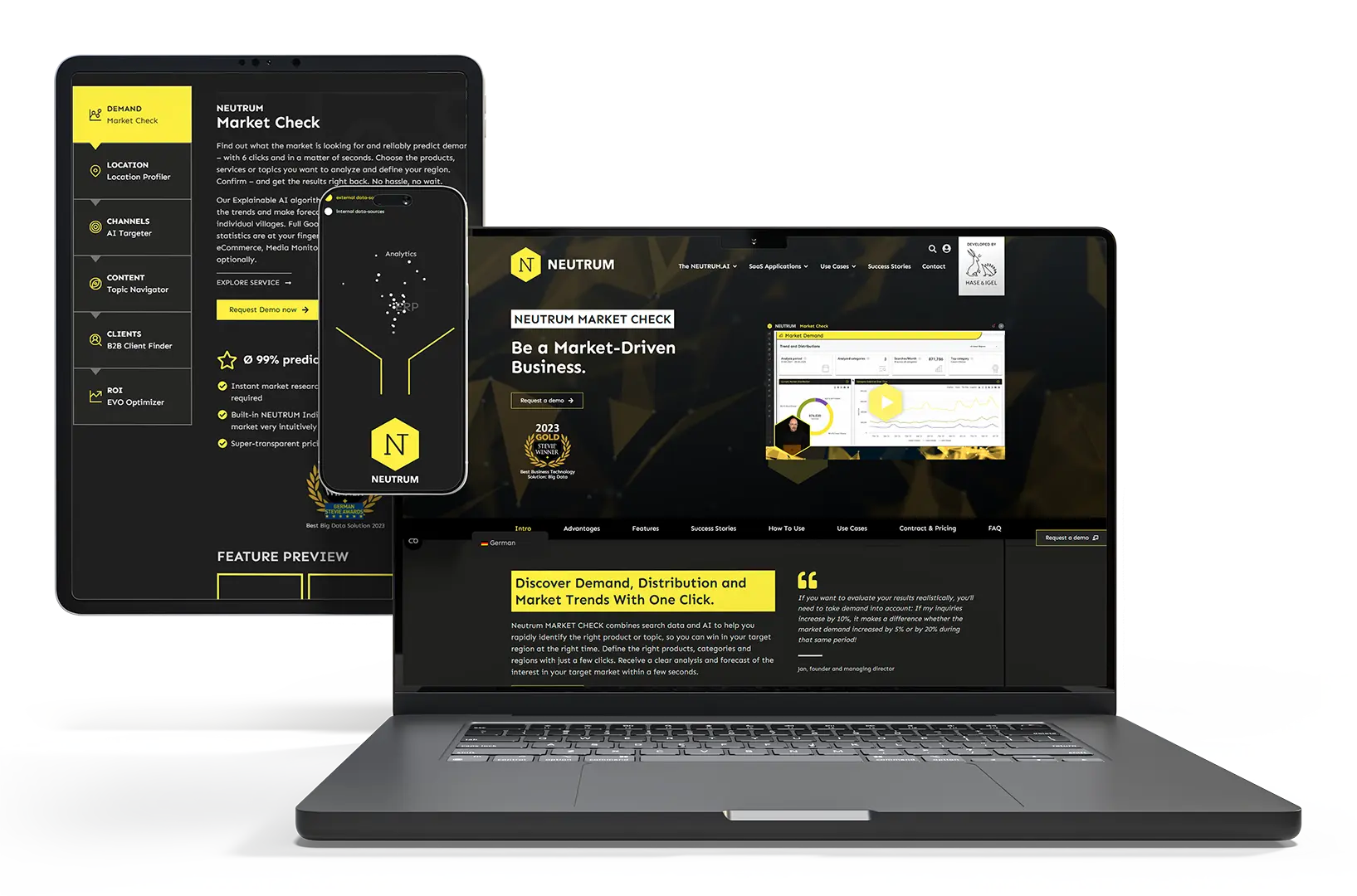 Laptop, Tablet und Smartphone zeigen die Benutzeroberfläche der Market Check Software von Neutrum mit Datenanalysen und Marktforschungstools.