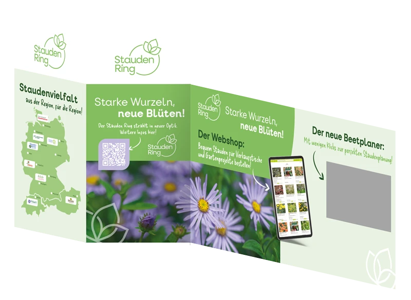 Flyer mit grüner Farbgestaltung und Fotos von blühenden Astern, Karte mit Regionen, QR-Code und Darstellung eines Tablets mit Pflanzen-Webshop.