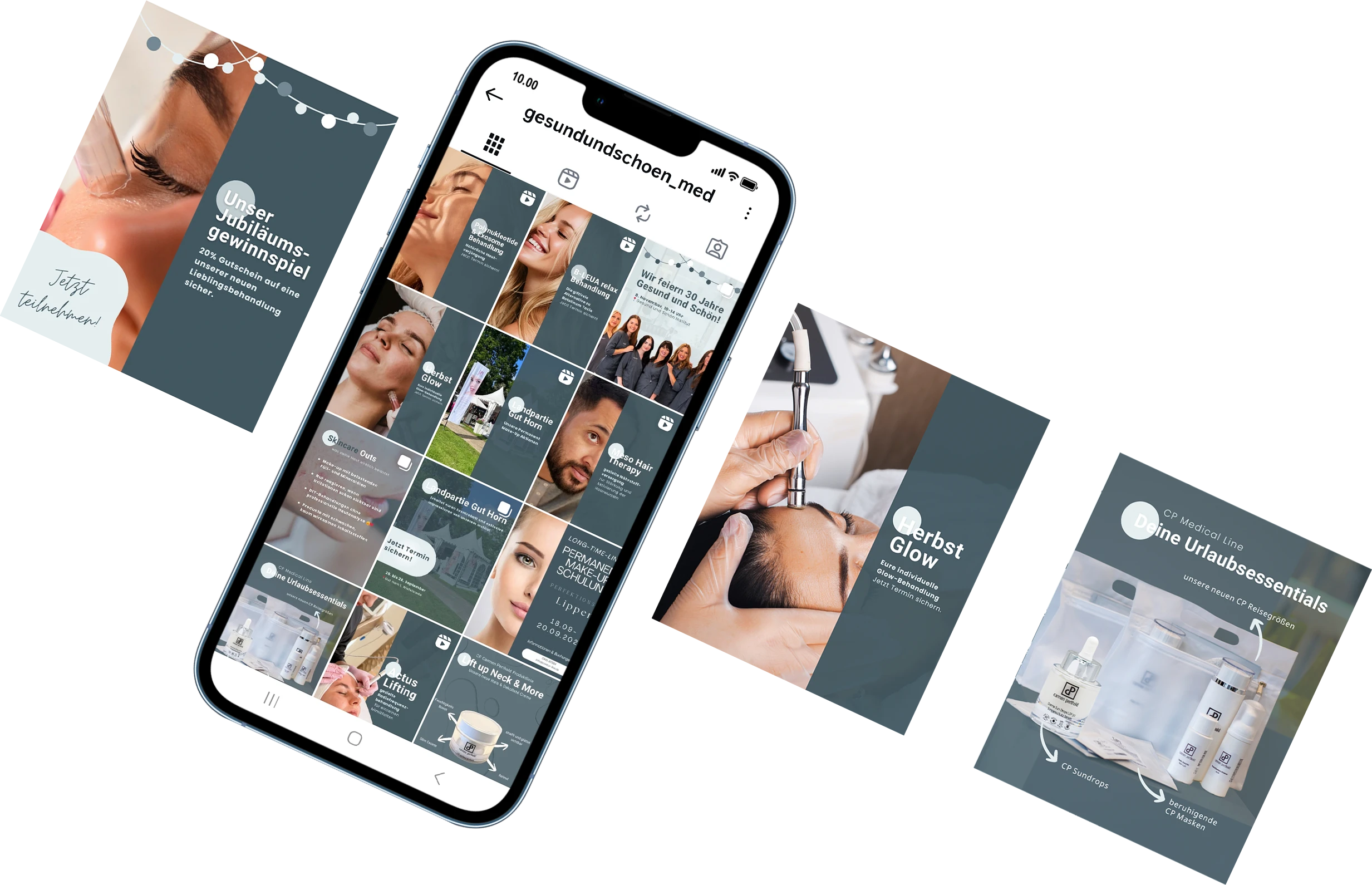 Smartphone mit Instagram-Profil gesundundschoen_med und Werbebildern für Hautbehandlungen und Kosmetikprodukte.